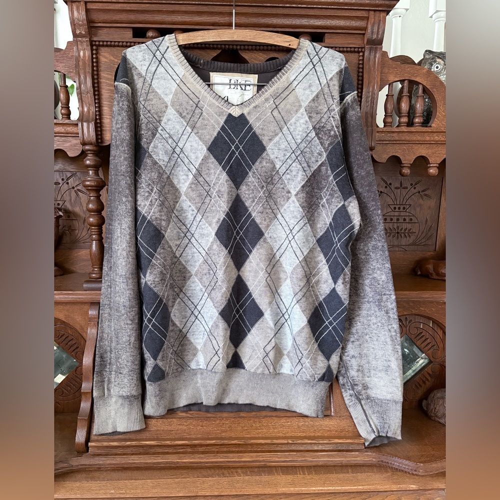 BKE Men's V-Neck Argyle Sweater y2k size XL 100% cotton